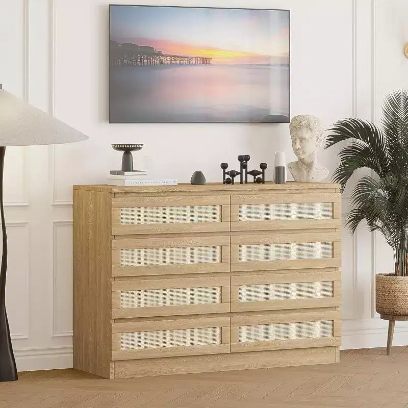Commode 8 tiroirs CuisinSmart, commode double moderne en rotin, commode en bois pour chambre à coucher, meuble TV et meuble d'appoint