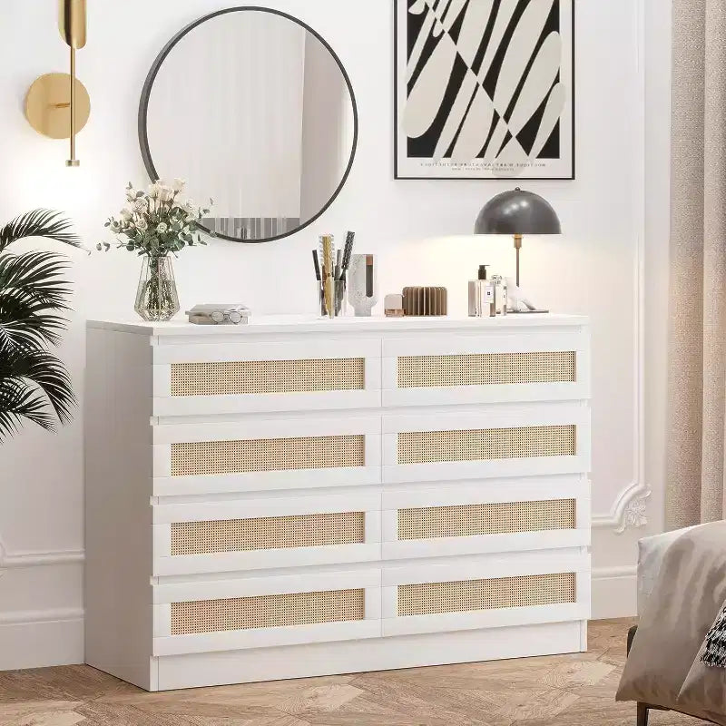 Commode 8 tiroirs CuisinSmart, commode double moderne en rotin, commode en bois pour chambre à coucher, meuble TV et meuble d'appoint