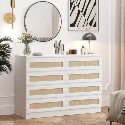 Commode 8 tiroirs CuisinSmart, commode double moderne en rotin, commode en bois pour chambre à coucher, meuble TV et meuble d'appoint