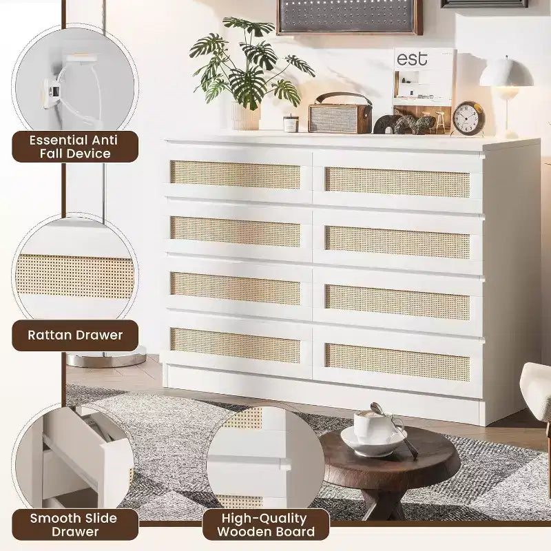 Commode 8 tiroirs CuisinSmart, commode double moderne en rotin, commode en bois pour chambre à coucher, meuble TV et meuble d'appoint