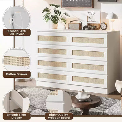 Commode 8 tiroirs CuisinSmart, commode double moderne en rotin, commode en bois pour chambre à coucher, meuble TV et meuble d'appoint
