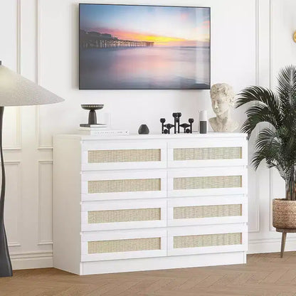 Commode 8 tiroirs CuisinSmart, commode double moderne en rotin, commode en bois pour chambre à coucher, meuble TV et meuble d'appoint