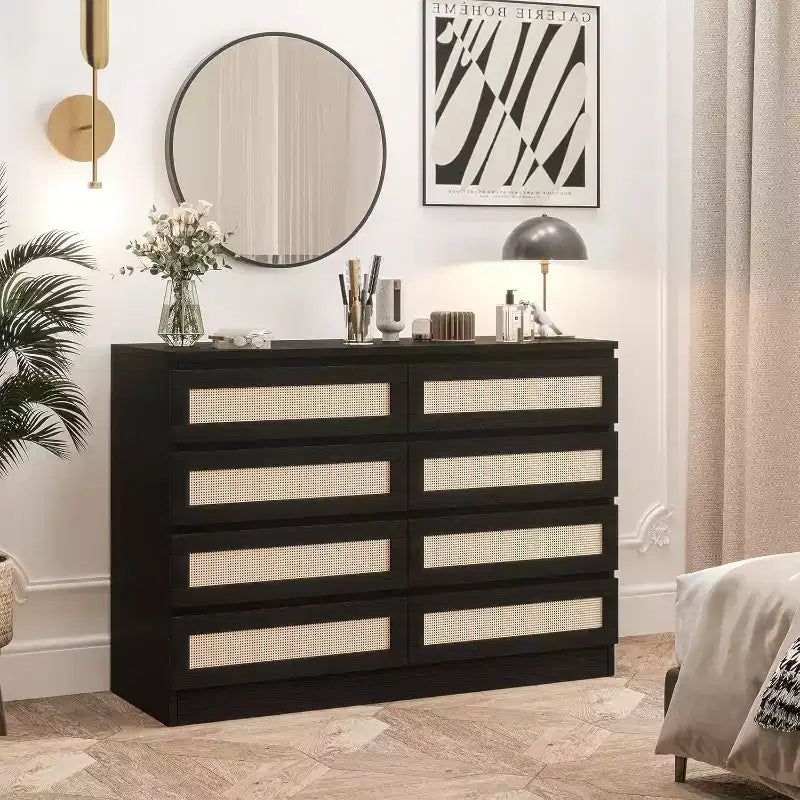 Commode 8 tiroirs CuisinSmart, commode double moderne en rotin, commode en bois pour chambre à coucher, meuble TV et meuble d'appoint