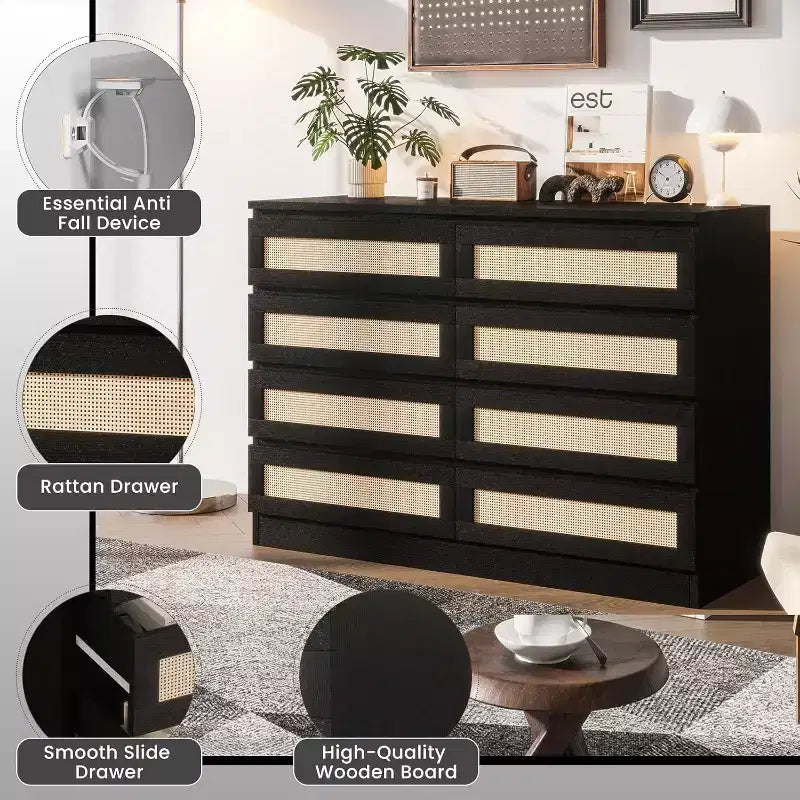Commode 8 tiroirs CuisinSmart, commode double moderne en rotin, commode en bois pour chambre à coucher, meuble TV et meuble d'appoint