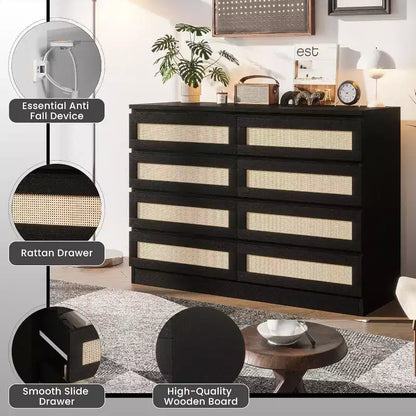 Commode 8 tiroirs CuisinSmart, commode double moderne en rotin, commode en bois pour chambre à coucher, meuble TV et meuble d'appoint