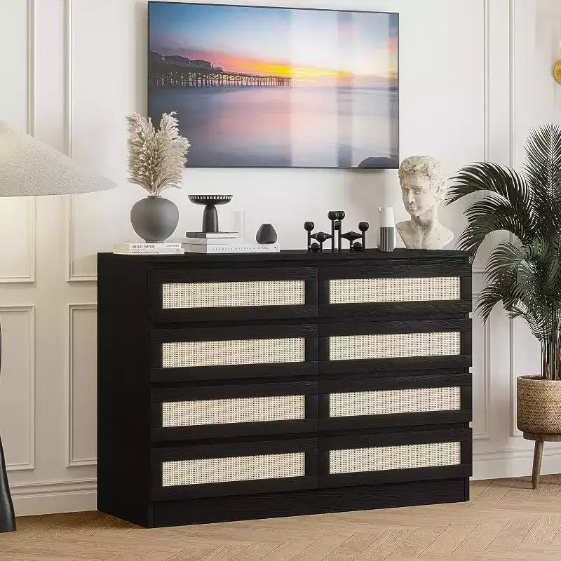 Commode 8 tiroirs CuisinSmart, commode double moderne en rotin, commode en bois pour chambre à coucher, meuble TV et meuble d'appoint
