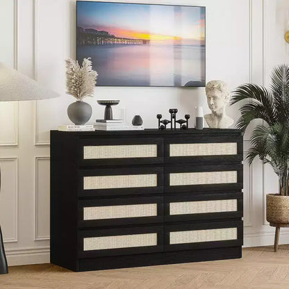 Commode 8 tiroirs CuisinSmart, commode double moderne en rotin, commode en bois pour chambre à coucher, meuble TV et meuble d'appoint