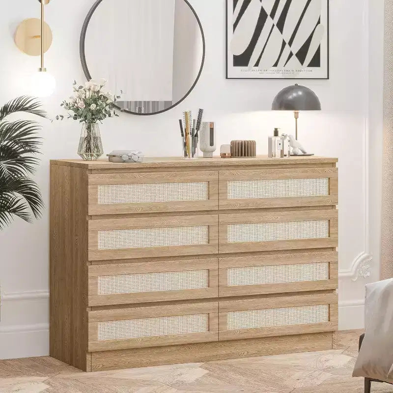 Commode 8 tiroirs CuisinSmart, commode double moderne en rotin, commode en bois pour chambre à coucher, meuble TV et meuble d'appoint