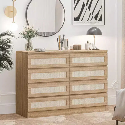 Commode 8 tiroirs CuisinSmart, commode double moderne en rotin, commode en bois pour chambre à coucher, meuble TV et meuble d'appoint