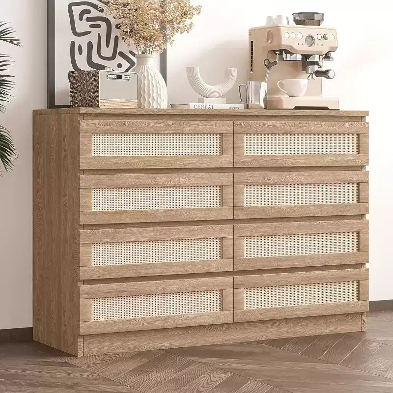 Commode 8 tiroirs CuisinSmart, commode double moderne en rotin, commode en bois pour chambre à coucher, meuble TV et meuble d'appoint