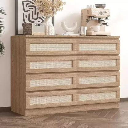 Commode 8 tiroirs CuisinSmart, commode double moderne en rotin, commode en bois pour chambre à coucher, meuble TV et meuble d'appoint