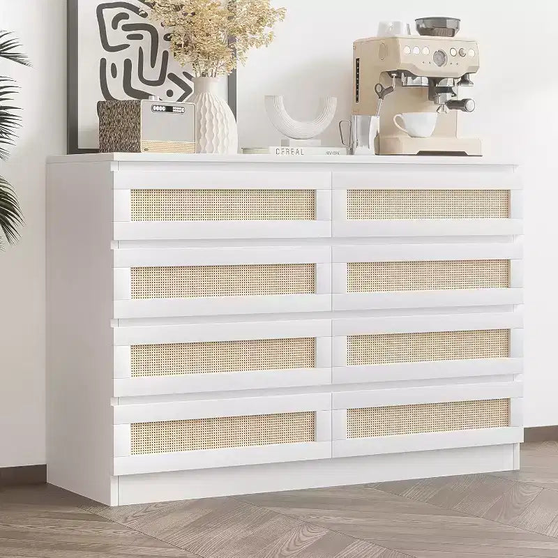 Commode 8 tiroirs CuisinSmart, commode double moderne en rotin, commode en bois pour chambre à coucher, meuble TV et meuble d'appoint