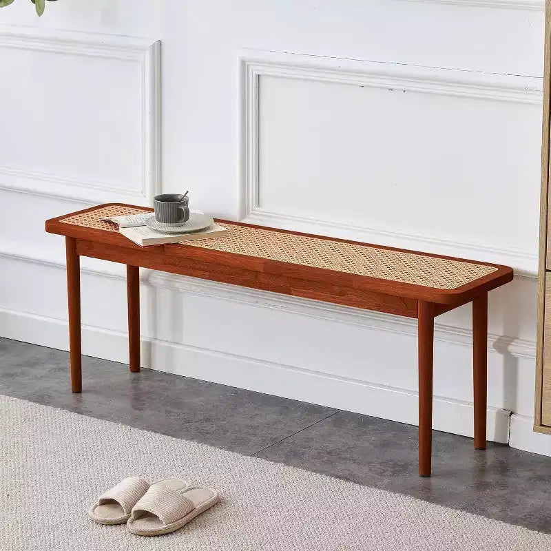 Acekool 47 Pure Wood Entryway Bench with Rattan Surface, Rounded Corners, Sturdy Frame for Living Room, Bedroom, Hallway, Walnut Finish