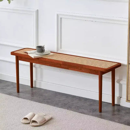 Acekool 47 Pure Wood Entryway Bench with Rattan Surface, Rounded Corners, Sturdy Frame for Living Room, Bedroom, Hallway, Walnut Finish
