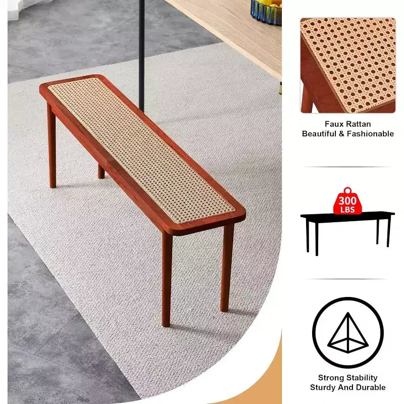 Acekool 47 Pure Wood Entryway Bench with Rattan Surface, Rounded Corners, Sturdy Frame for Living Room, Bedroom, Hallway, Walnut Finish