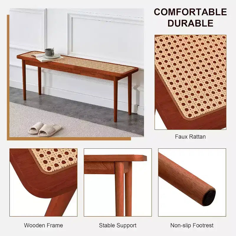 Acekool 47 Pure Wood Entryway Bench with Rattan Surface, Rounded Corners, Sturdy Frame for Living Room, Bedroom, Hallway, Walnut Finish