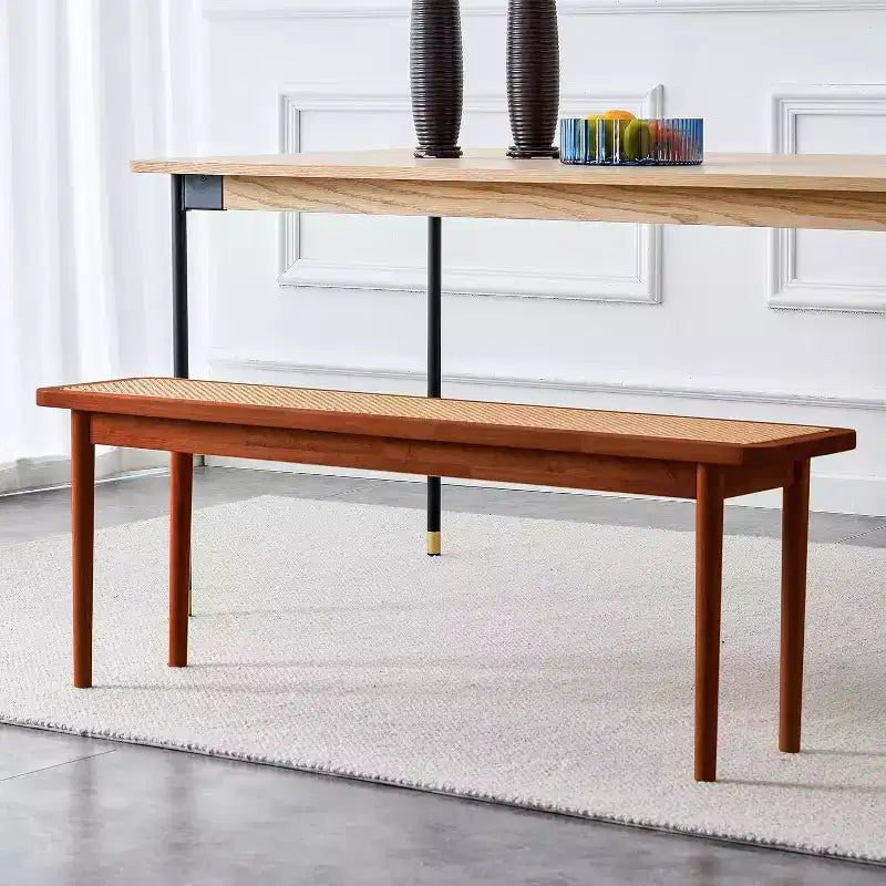 Acekool 47 Pure Wood Entryway Bench with Rattan Surface, Rounded Corners, Sturdy Frame for Living Room, Bedroom, Hallway, Walnut Finish