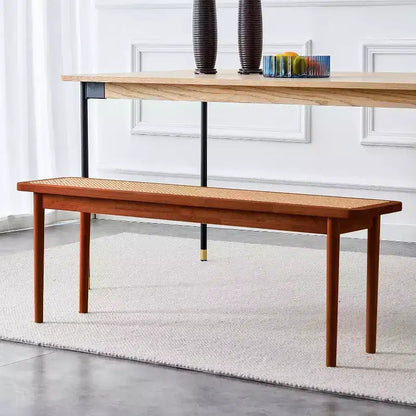 Acekool 47 Pure Wood Entryway Bench with Rattan Surface, Rounded Corners, Sturdy Frame for Living Room, Bedroom, Hallway, Walnut Finish