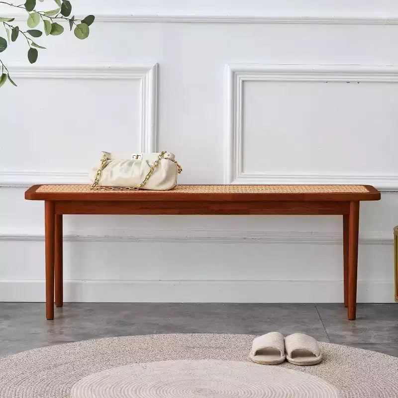 Acekool 47 Pure Wood Entryway Bench with Rattan Surface, Rounded Corners, Sturdy Frame for Living Room, Bedroom, Hallway, Walnut Finish