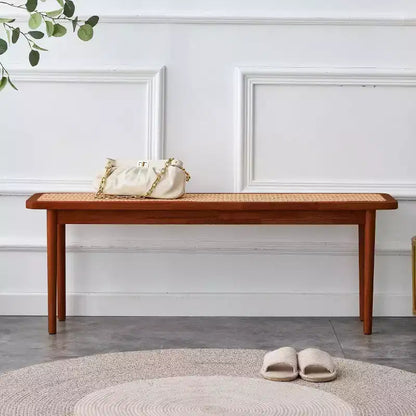 Acekool 47 Pure Wood Entryway Bench with Rattan Surface, Rounded Corners, Sturdy Frame for Living Room, Bedroom, Hallway, Walnut Finish