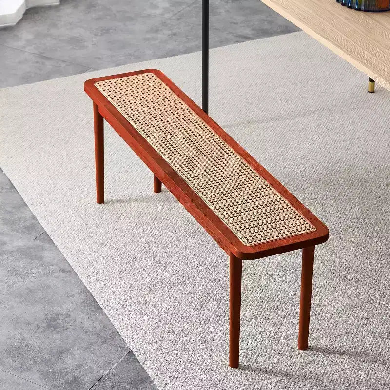 Acekool 47 Pure Wood Entryway Bench with Rattan Surface, Rounded Corners, Sturdy Frame for Living Room, Bedroom, Hallway, Walnut Finish