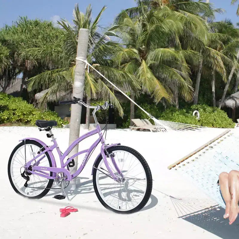 NAYSAYE Vélo de plage 7 vitesses 26 pouces, cadre en acier pour femme, pour des balades confortables, violet, 69,96*28,32*43,2