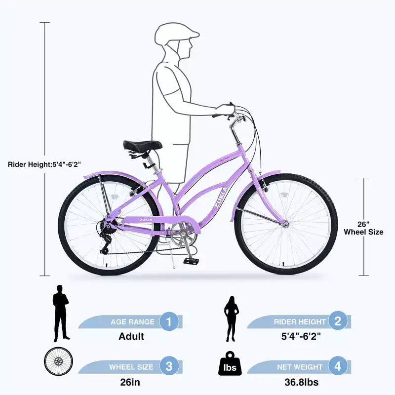 NAYSAYE Vélo de plage 7 vitesses 26 pouces, cadre en acier pour femme, pour des balades confortables, violet, 69,96*28,32*43,2
