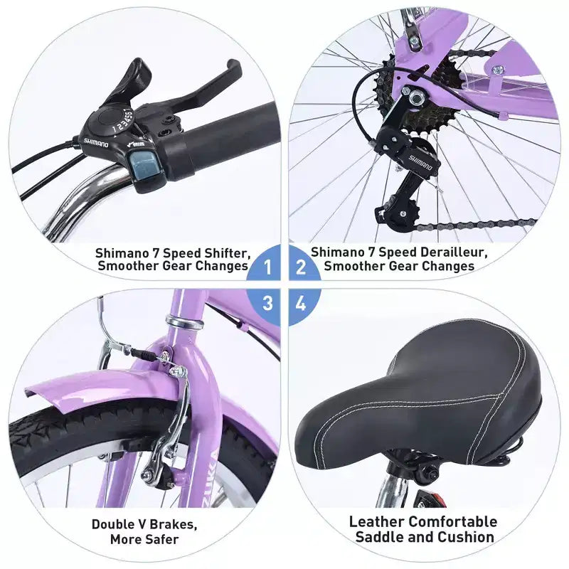 NAYSAYE Vélo de plage 7 vitesses 26 pouces, cadre en acier pour femme, pour des balades confortables, violet, 69,96*28,32*43,2