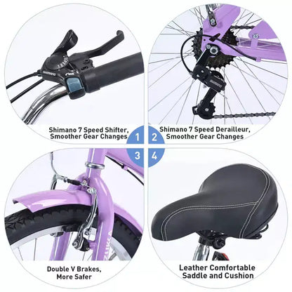 NAYSAYE Vélo de plage 7 vitesses 26 pouces, cadre en acier pour femme, pour des balades confortables, violet, 69,96*28,32*43,2