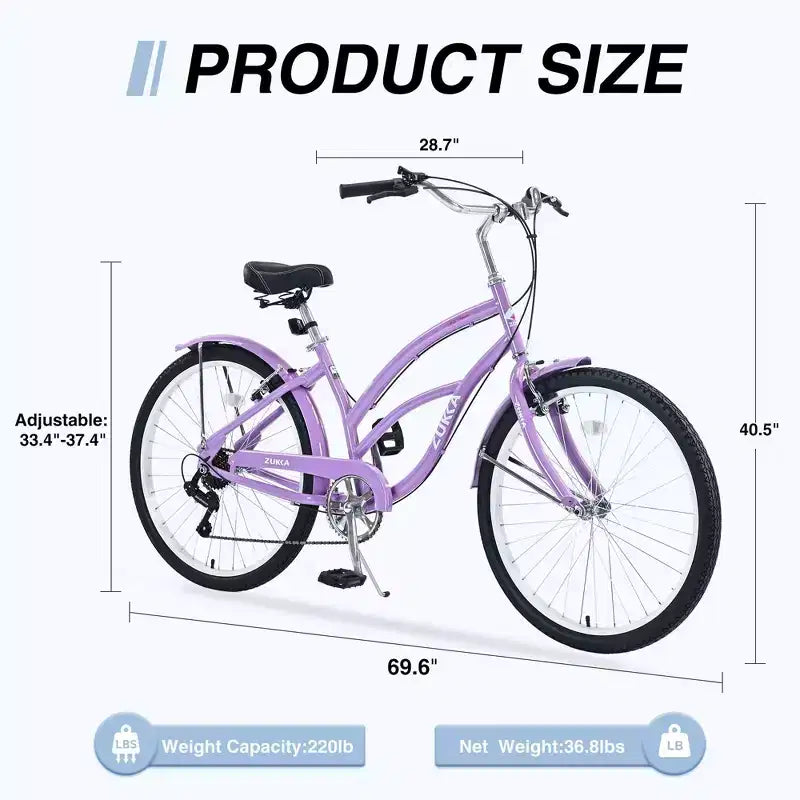 NAYSAYE Vélo de plage 7 vitesses 26 pouces, cadre en acier pour femme, pour des balades confortables, violet, 69,96*28,32*43,2