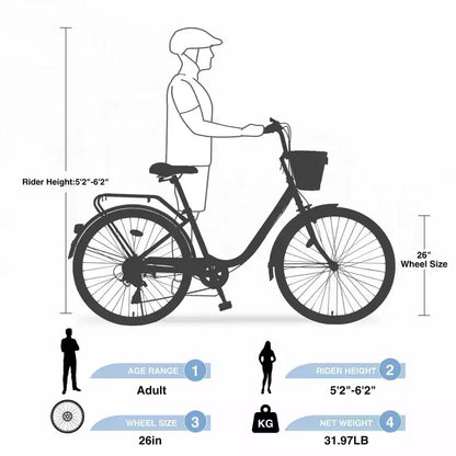 NAYSAYE Bicycle 7 Speed City Bike with Basket Steel Frame for Girls for Commuting and Leisure, Blue, 66.93*24.8*41.34