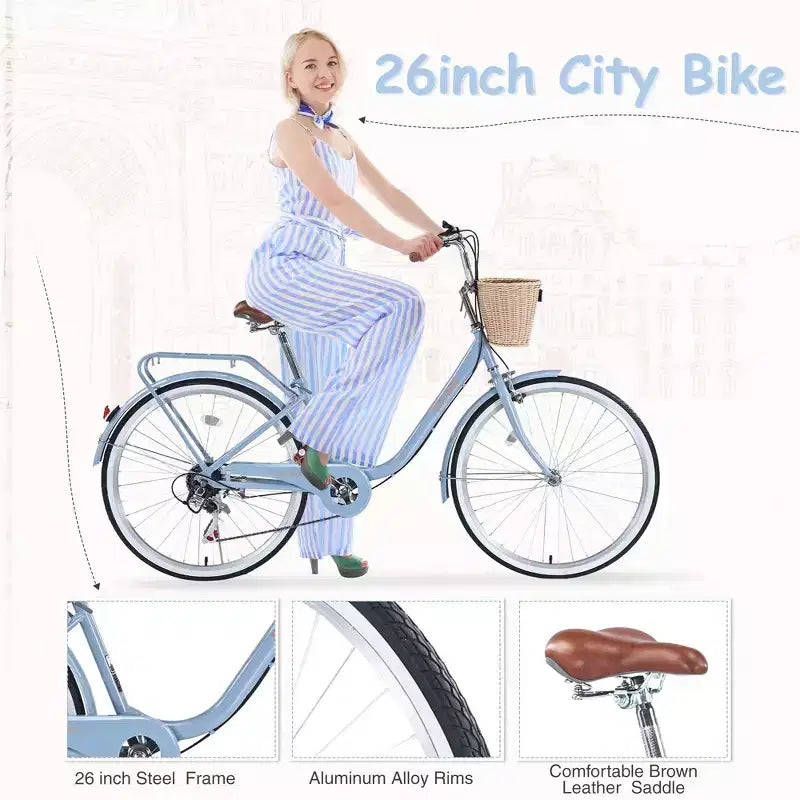 NAYSAYE Bicycle 7 Speed City Bike with Basket Steel Frame for Girls for Commuting and Leisure, Blue, 66.93*24.8*41.34