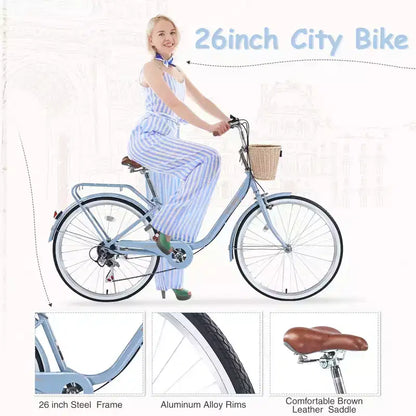 NAYSAYE Bicycle 7 Speed City Bike with Basket Steel Frame for Girls for Commuting and Leisure, Blue, 66.93*24.8*41.34