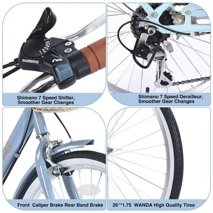 NAYSAYE Bicycle 7 Speed City Bike with Basket Steel Frame for Girls for Commuting and Leisure, Blue, 66.93*24.8*41.34