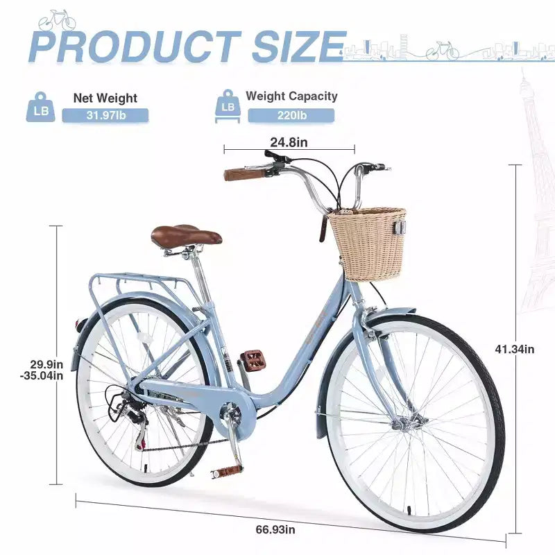 NAYSAYE Bicycle 7 Speed City Bike with Basket Steel Frame for Girls for Commuting and Leisure, Blue, 66.93*24.8*41.34