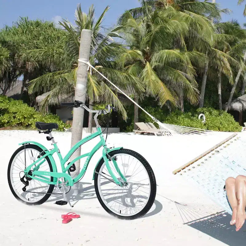 NAYSAYE Vélo de plage 26 pouces pour adultes, 7 vitesses, cadre en acier pour femmes, pour des promenades confortables, vert menthe, 69,6*28,5*40,5