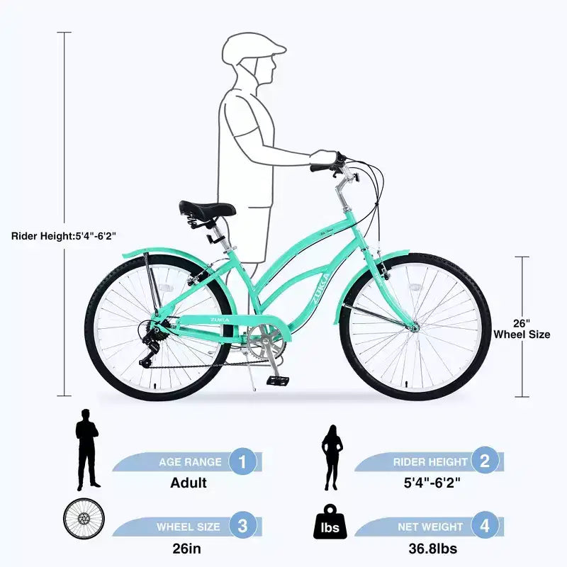 NAYSAYE Vélo de plage 26 pouces pour adultes, 7 vitesses, cadre en acier pour femmes, pour des promenades confortables, vert menthe, 69,6*28,5*40,5