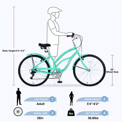 NAYSAYE Vélo de plage 26 pouces pour adultes, 7 vitesses, cadre en acier pour femmes, pour des promenades confortables, vert menthe, 69,6*28,5*40,5