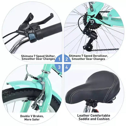 NAYSAYE Vélo de plage 26 pouces pour adultes, 7 vitesses, cadre en acier pour femmes, pour des promenades confortables, vert menthe, 69,6*28,5*40,5