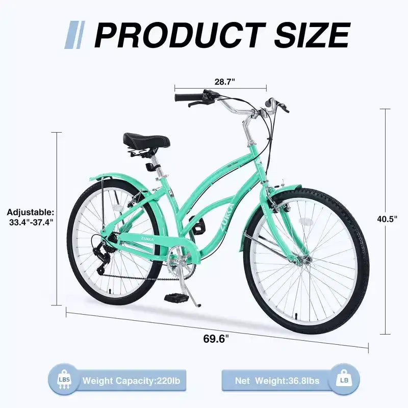 NAYSAYE Vélo de plage 26 pouces pour adultes, 7 vitesses, cadre en acier pour femmes, pour des promenades confortables, vert menthe, 69,6*28,5*40,5