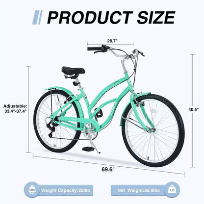NAYSAYE Vélo de plage 26 pouces pour adultes, 7 vitesses, cadre en acier pour femmes, pour des promenades confortables, vert menthe, 69,6*28,5*40,5