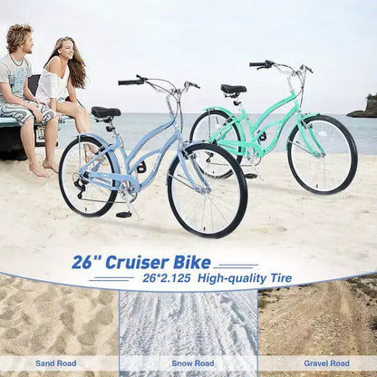 NAYSAYE Vélo de plage 26 pouces pour adultes, 7 vitesses, cadre en acier pour femmes, pour des promenades confortables, vert menthe, 69,6*28,5*40,5