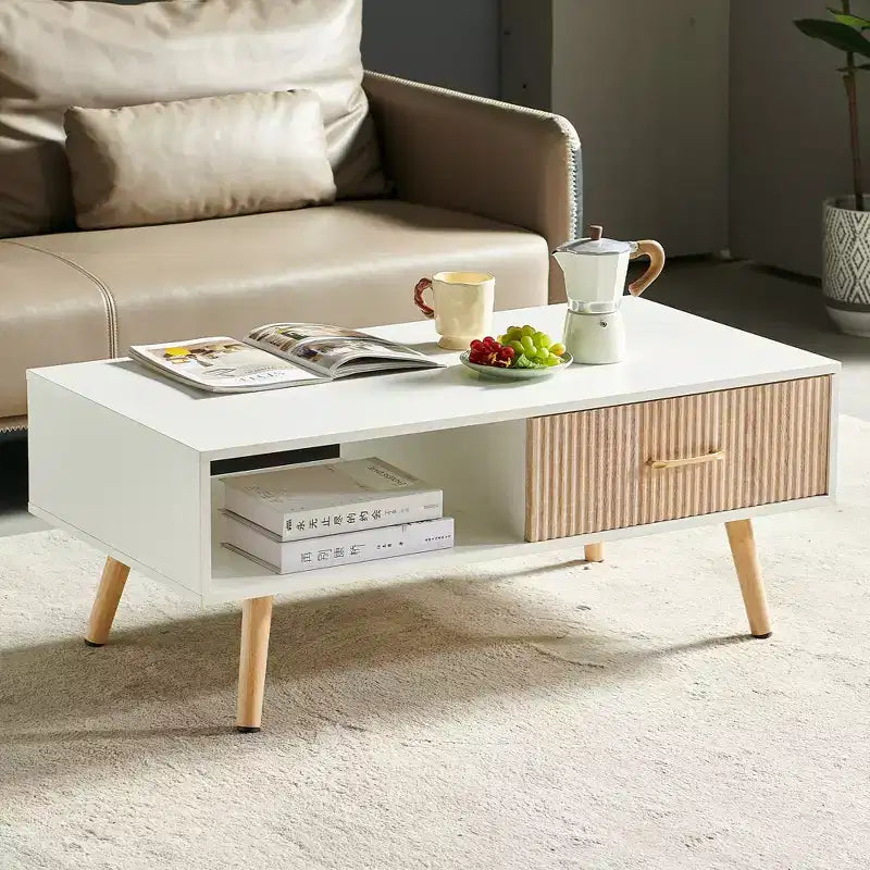 MAYEERTY Coffee Table Rectangle with Sliding Drawer for Storage White