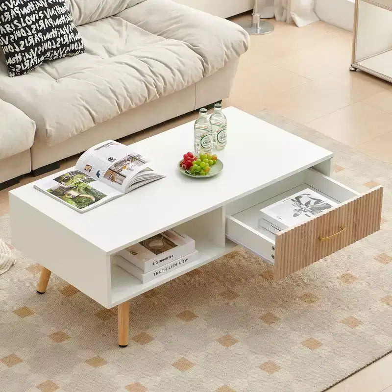 MAYEERTY Coffee Table Rectangle with Sliding Drawer for Storage White