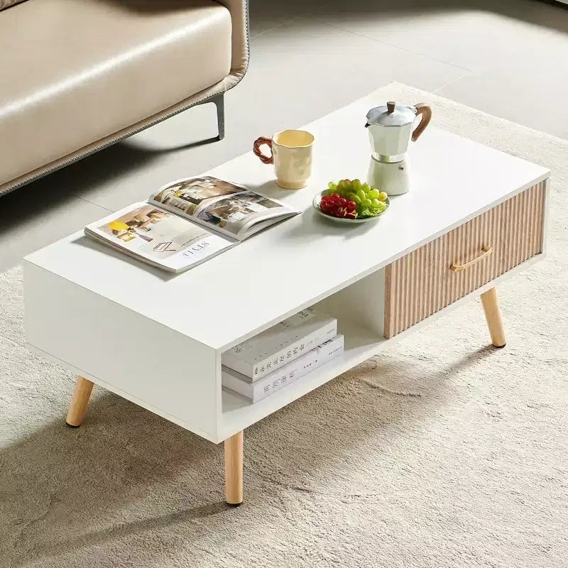 MAYEERTY Coffee Table Rectangle with Sliding Drawer for Storage White