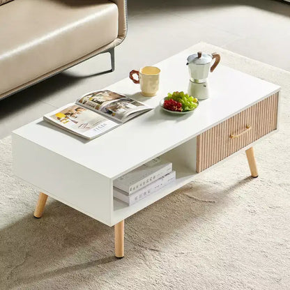 MAYEERTY Coffee Table Rectangle with Sliding Drawer for Storage White
