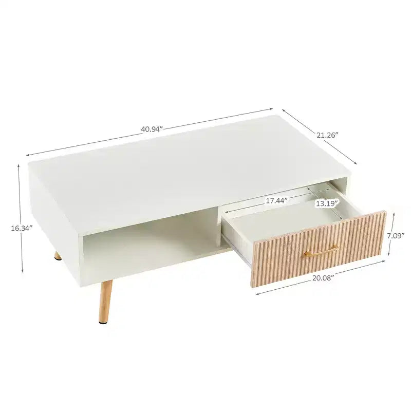 MAYEERTY Coffee Table Rectangle with Sliding Drawer for Storage White