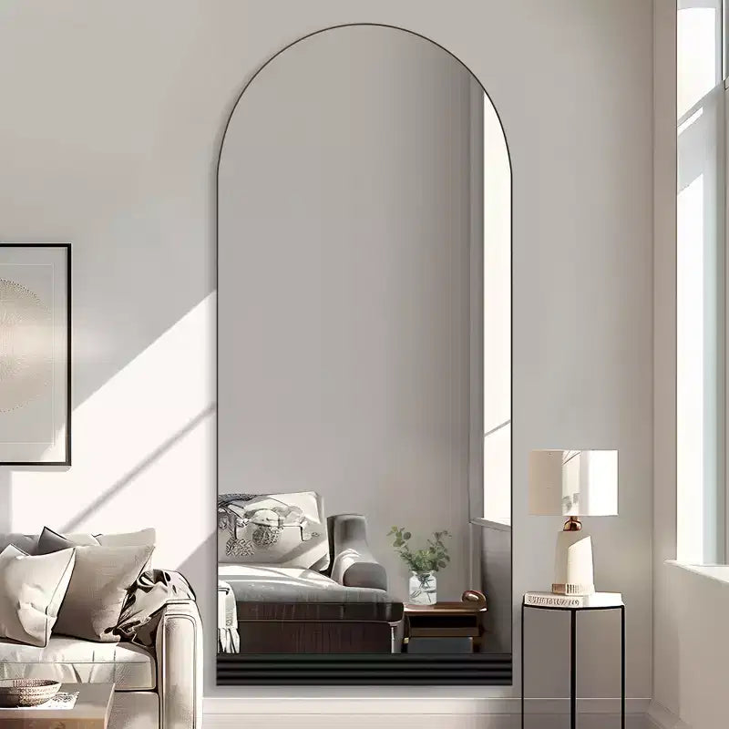 PexFix 31 in. W x 71 in. H Full-Length Arched Wood Frame Wall Mirror with Striped Wooden Base in Black