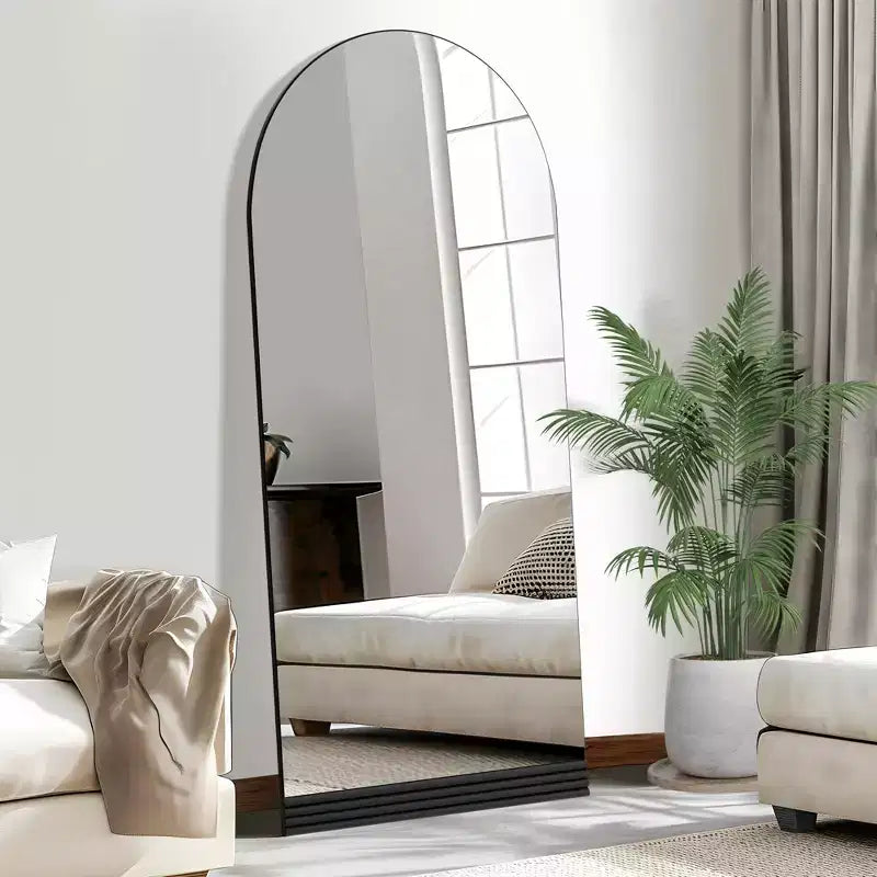 PexFix 31 in. W x 71 in. H Full-Length Arched Wood Frame Wall Mirror with Striped Wooden Base in Black