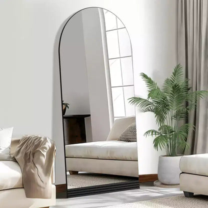 PexFix 31 in. W x 71 in. H Full-Length Arched Wood Frame Wall Mirror with Striped Wooden Base in Black